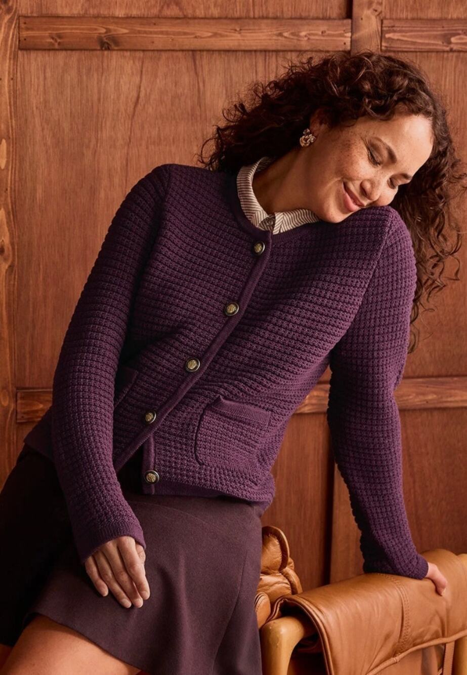 Cabi #4856 Sweater Jacket Deep Plum Textured Knit Gold Buttons NWT Large
